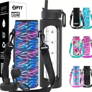 FIT Strong & Healthy 32 oz Glass Water Bottle with Straw Lid, Time Marker, Sleeve & Extra Lid - Motivational, Wide Mouth 1 Liter Glass Drinking Bottle