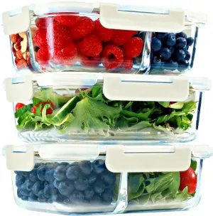 FIT Strong & Healthy Glass Meal Prep Containers, 1 & 2 & 3 Compartments – Adult Bento Box, Beige Food Storage Containers with Lids, Leak-Proof, Oven & Freezer Safe, 35 oz, 3 Pack Lunch Box