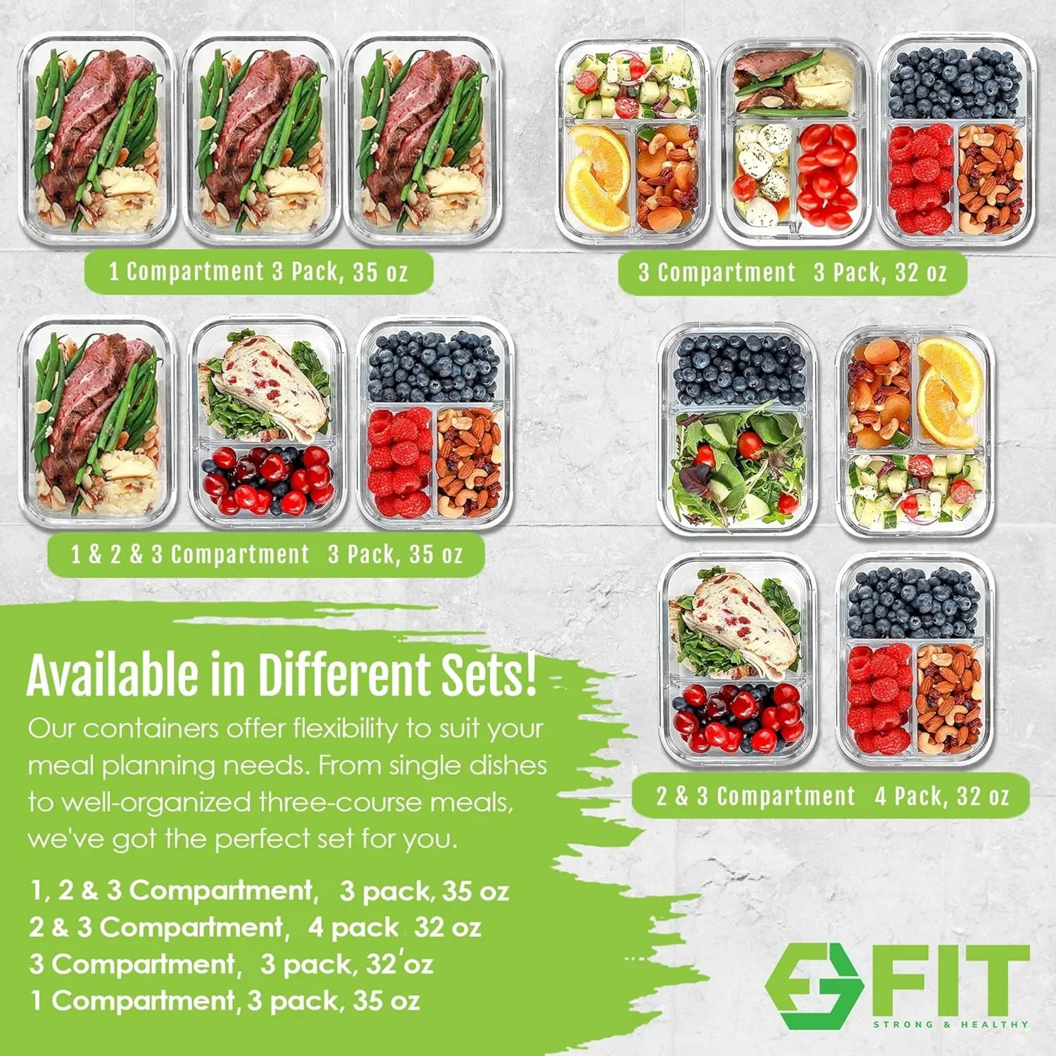 FIT Strong & Healthy Glass Meal Prep Containers, 1 & 2 & 3 Compartments – Adult Bento Box, Beige Food Storage Containers with Lids, Leak-Proof, Oven & Freezer Safe, 35 oz, 3 Pack Lunch Box