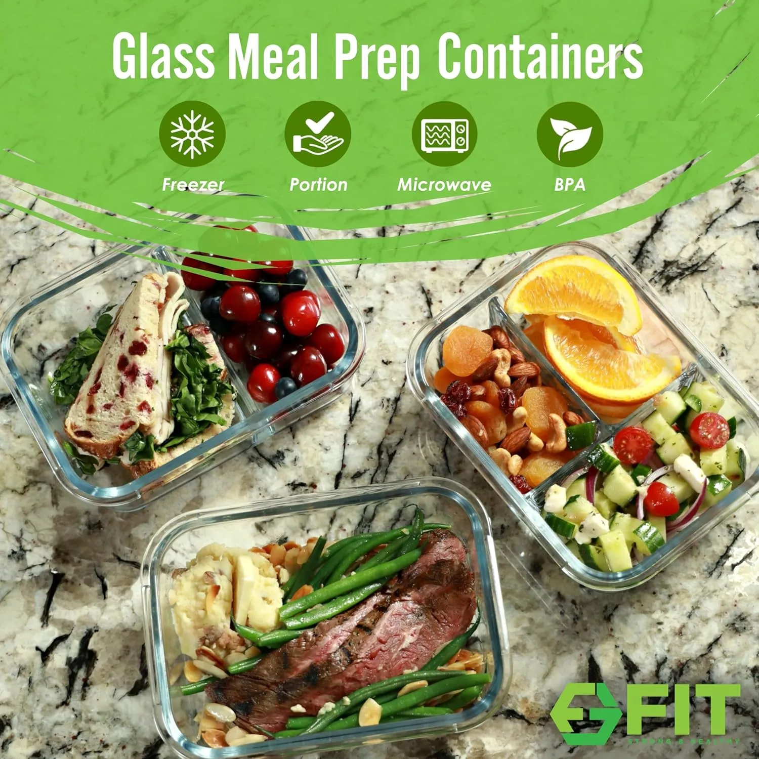 FIT Strong & Healthy Glass Meal Prep Containers, 1 & 2 & 3 Compartments – Adult Bento Box, Beige Food Storage Containers with Lids, Leak-Proof, Oven & Freezer Safe, 35 oz, 3 Pack Lunch Box