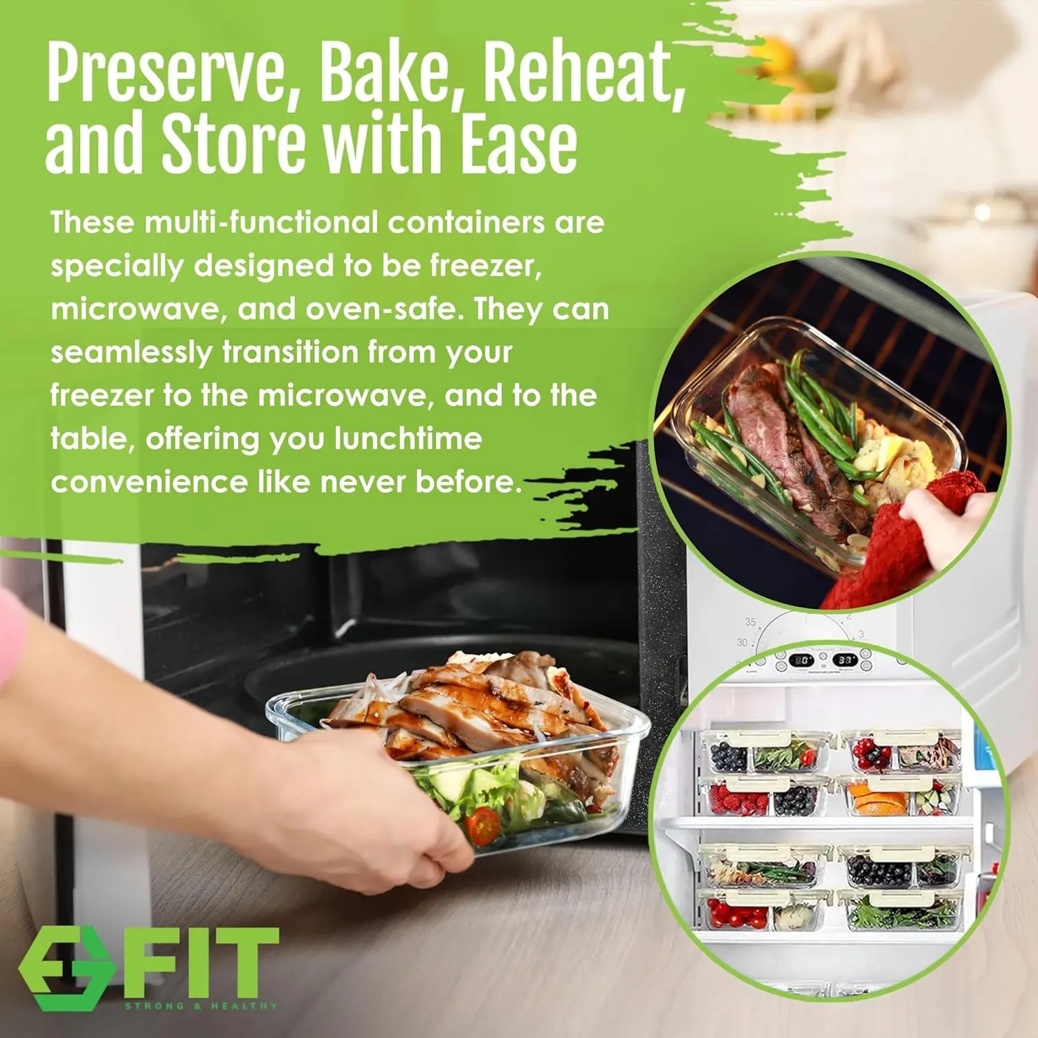 FIT Strong & Healthy Glass Meal Prep Containers, 1 & 2 & 3 Compartments – Adult Bento Box, Beige Food Storage Containers with Lids, Leak-Proof, Oven & Freezer Safe, 35 oz, 3 Pack Lunch Box