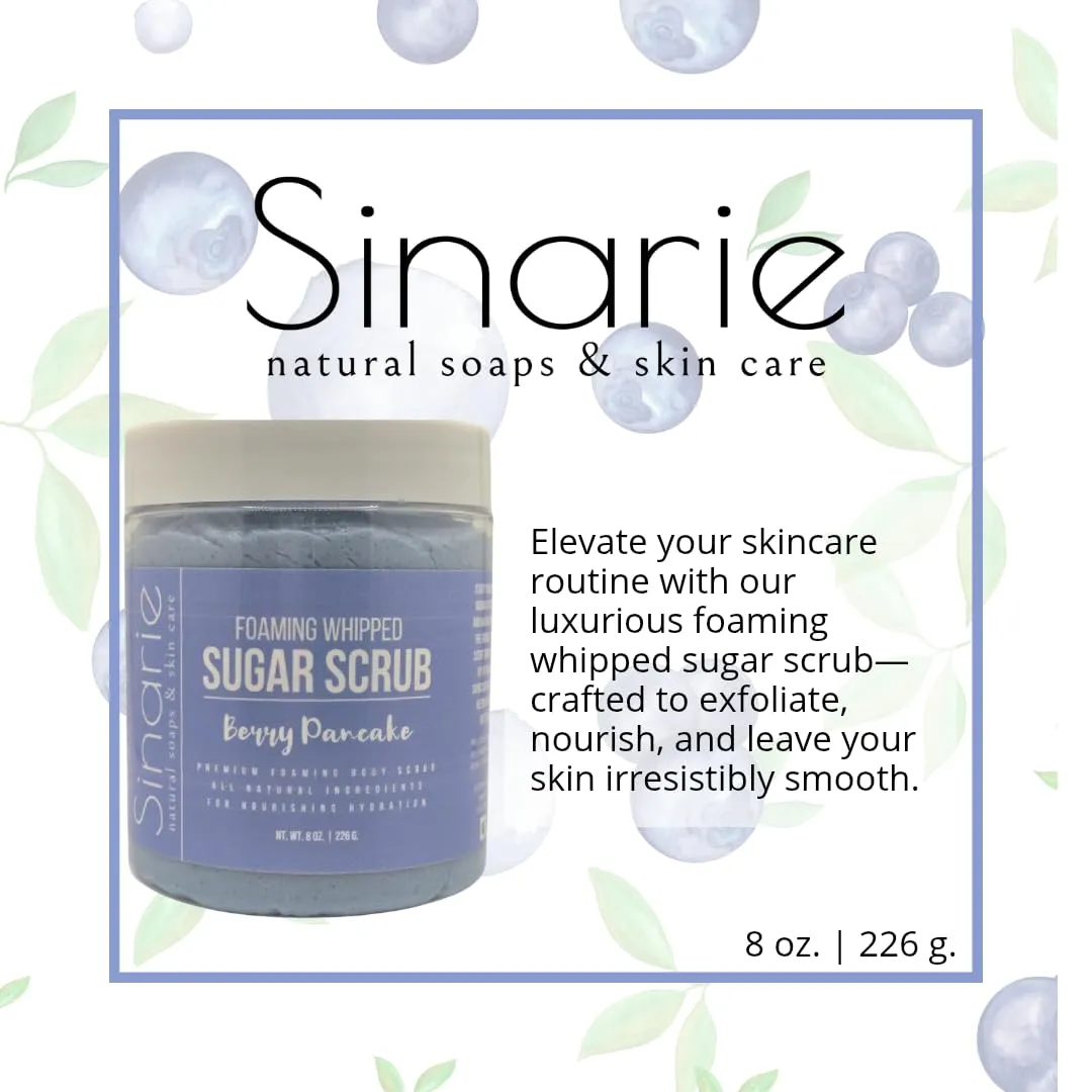Foaming Whipped Sugar Scrub – 8 oz | Gentle Exfoliant with Mango Butter & Coconut Oil for Smooth, Glowing Skin (8 oz., Berry Pancake)
