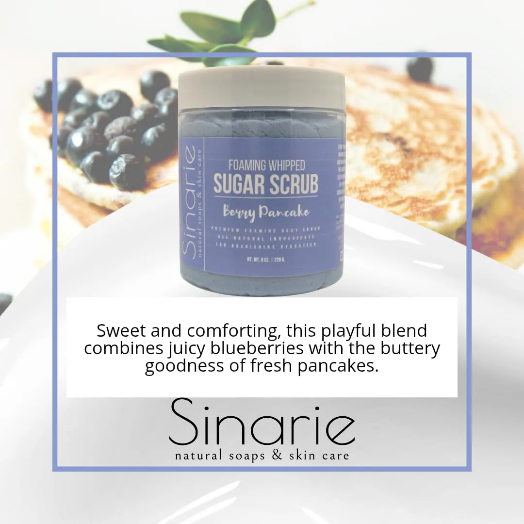 Foaming Whipped Sugar Scrub – 8 oz | Gentle Exfoliant with Mango Butter & Coconut Oil for Smooth, Glowing Skin (8 oz., Berry Pancake)