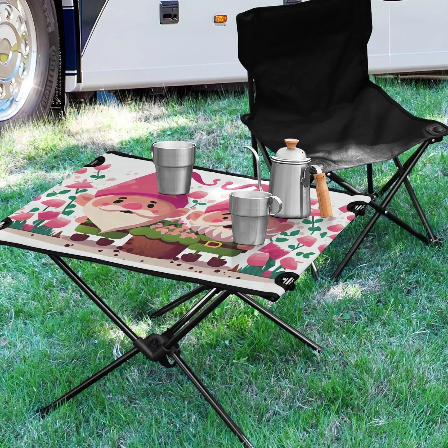 Fold Picnic Table Two Mothers Day Elves on A Pink Background Small Portable Beach Table with Carry Bag for Dining Hiking Fishing