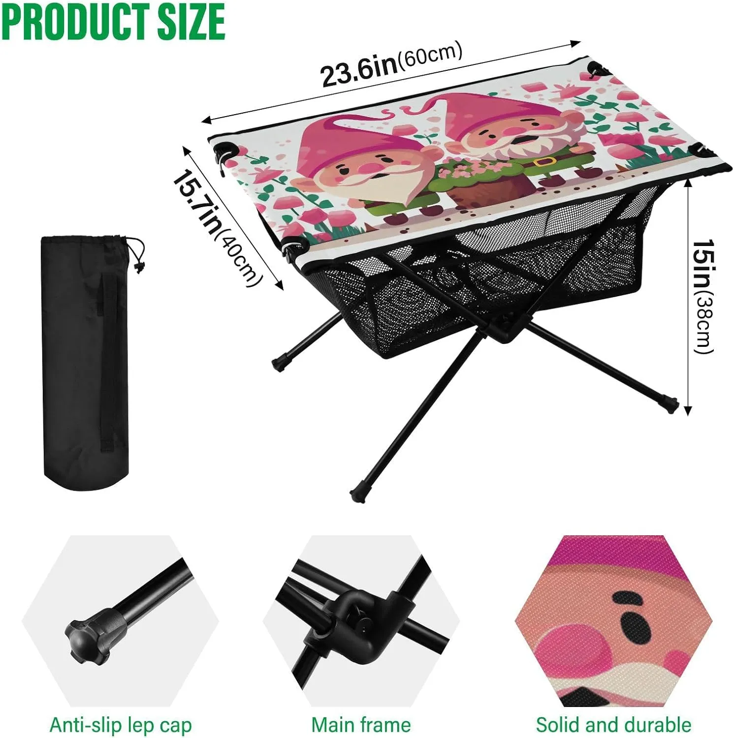 Fold Picnic Table Two Mothers Day Elves on A Pink Background Small Portable Beach Table with Carry Bag for Dining Hiking Fishing