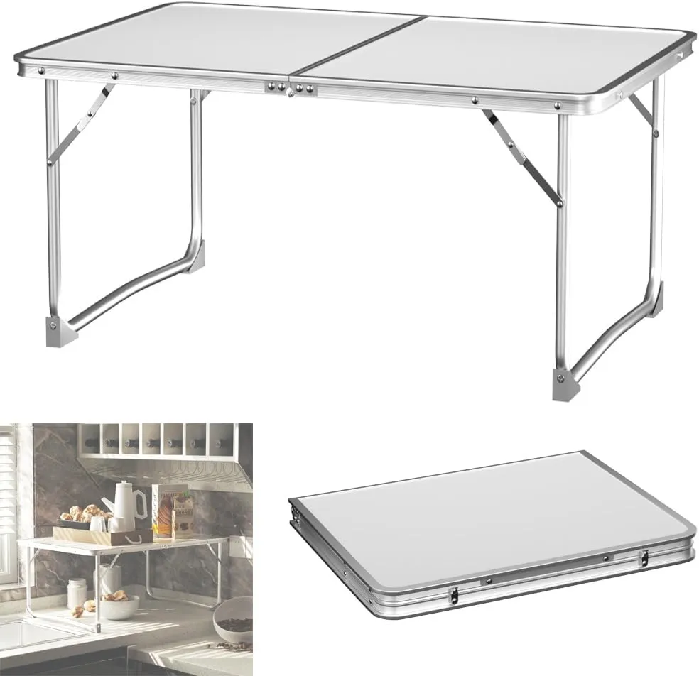Fold-up Table Durable and Compact Folding Camping Table, Portable Trestle Dining Picnic Table, Aluminum Tube & MDF with Carrying Handle, Foldaway Table for Outdoor Indoor Kitchen Garden Patio BBQ