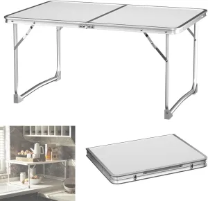 Fold-up Table Durable and Compact Folding Camping Table, Portable Trestle Dining Picnic Table, Aluminum Tube & MDF with Carrying Handle, Foldaway Table for Outdoor Indoor Kitchen Garden Patio BBQ