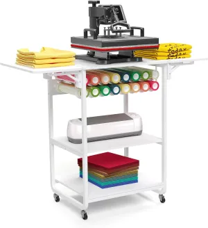 Foldable 3 Tier Movable Heat Press Table Stand, Rolling Heat Transfer Machine Cart, Heavy-Duty Crafting Table, Heavy Duty Workbench, DIY Sublimation Transfer Machine Metal Shelf Storage Organization
