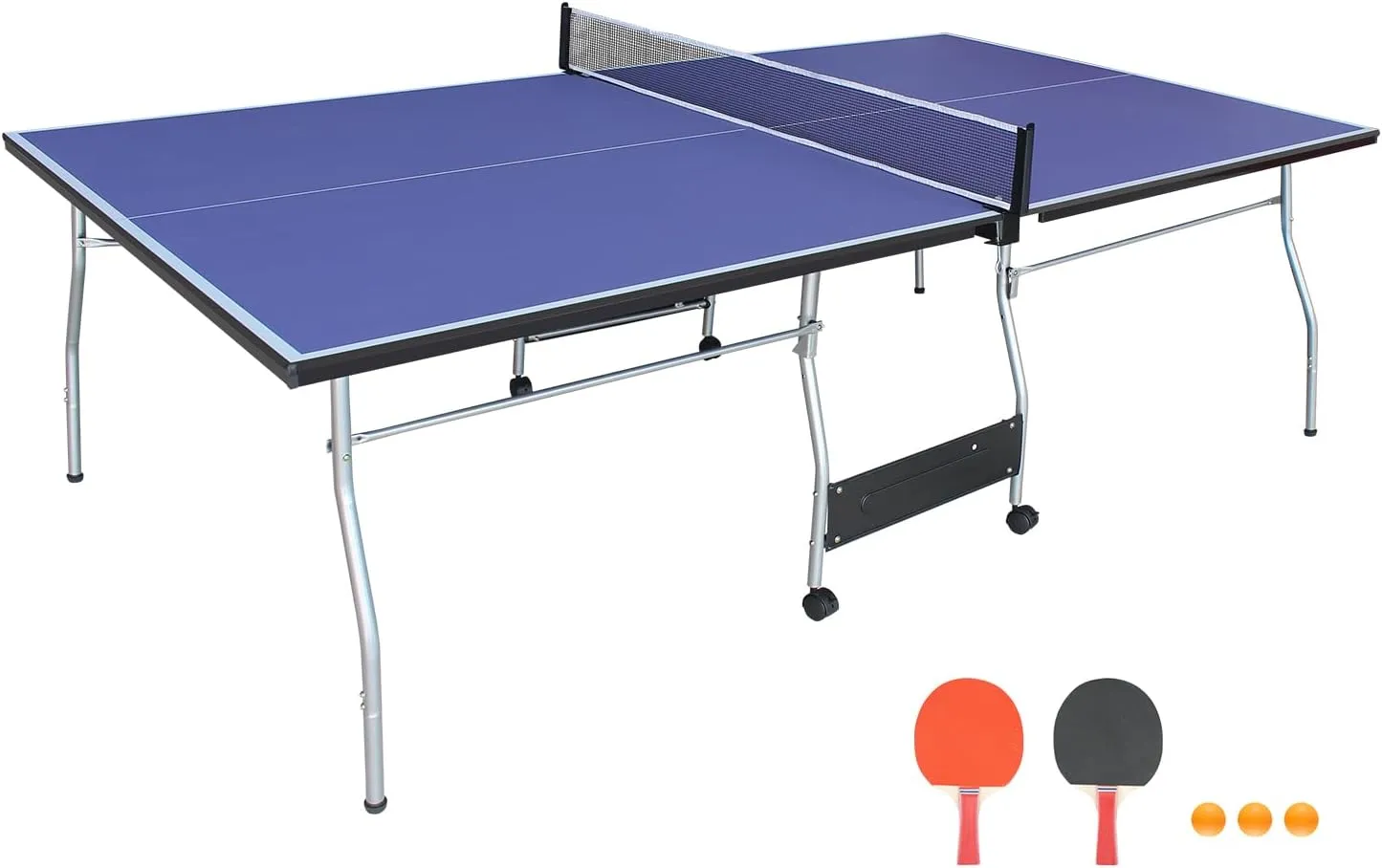 Foldable 8Ft Mid-Size Ping Pong Table Set - Foldable & Portable Table Tennis for Indoor & Outdoor Games with Net, 2 Paddles, and 3 Balls - Weatherproof Outdoor Option Singe Play Mode