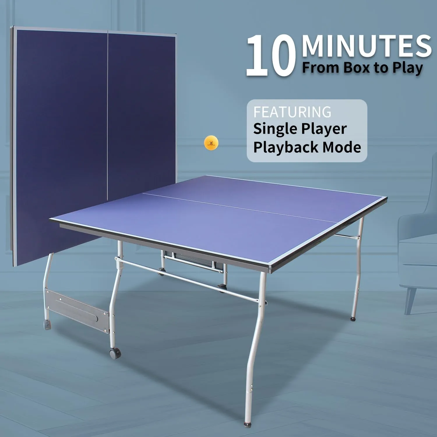 Foldable 8Ft Mid-Size Ping Pong Table Set - Foldable & Portable Table Tennis for Indoor & Outdoor Games with Net, 2 Paddles, and 3 Balls - Weatherproof Outdoor Option Singe Play Mode