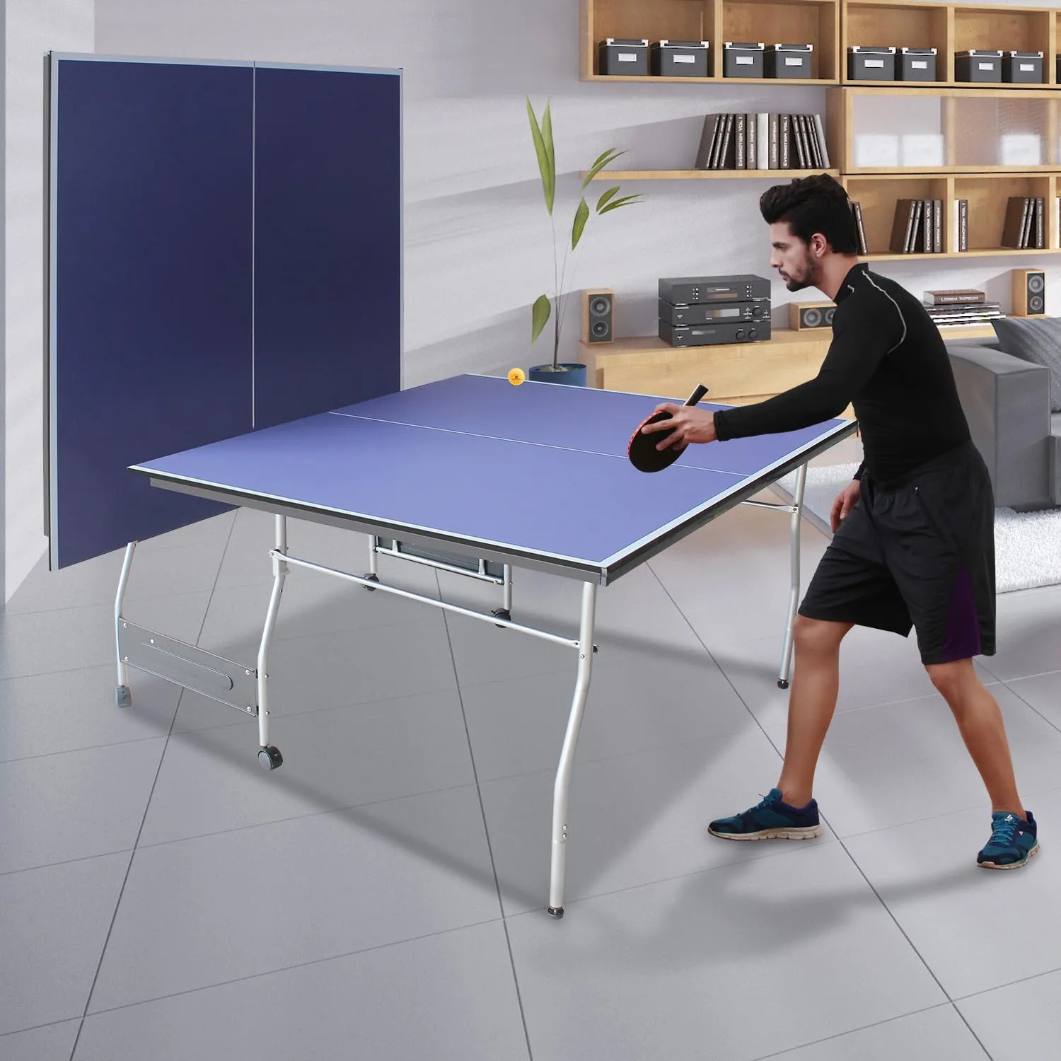 Foldable 8Ft Mid-Size Ping Pong Table Set - Foldable & Portable Table Tennis for Indoor & Outdoor Games with Net, 2 Paddles, and 3 Balls - Weatherproof Outdoor Option Singe Play Mode