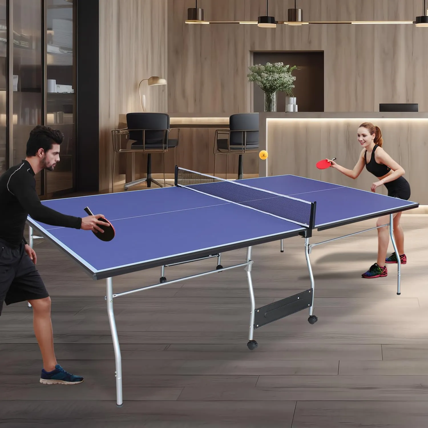 Foldable 8Ft Mid-Size Ping Pong Table Set - Foldable & Portable Table Tennis for Indoor & Outdoor Games with Net, 2 Paddles, and 3 Balls - Weatherproof Outdoor Option Singe Play Mode