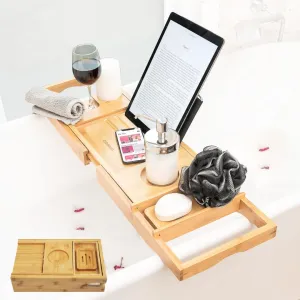 Foldable Bamboo Bathtub Tray Caddy - Expandable Bath Tray for Tub | Secure, Non-Slip Bathtub Caddy Tray for Tub for Bath Accessories, Bath Stuff – Perfect Relaxing Gifts for Women and Spa Gift Set