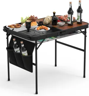 Foldable Camping Table, 35.43x23.62x26in Collapsible Picnic Table, 66LBS Max Load Aluminum Alloy Grill Stand BBQ Table with Storage Net, Adjustable Height Grill Table, Black