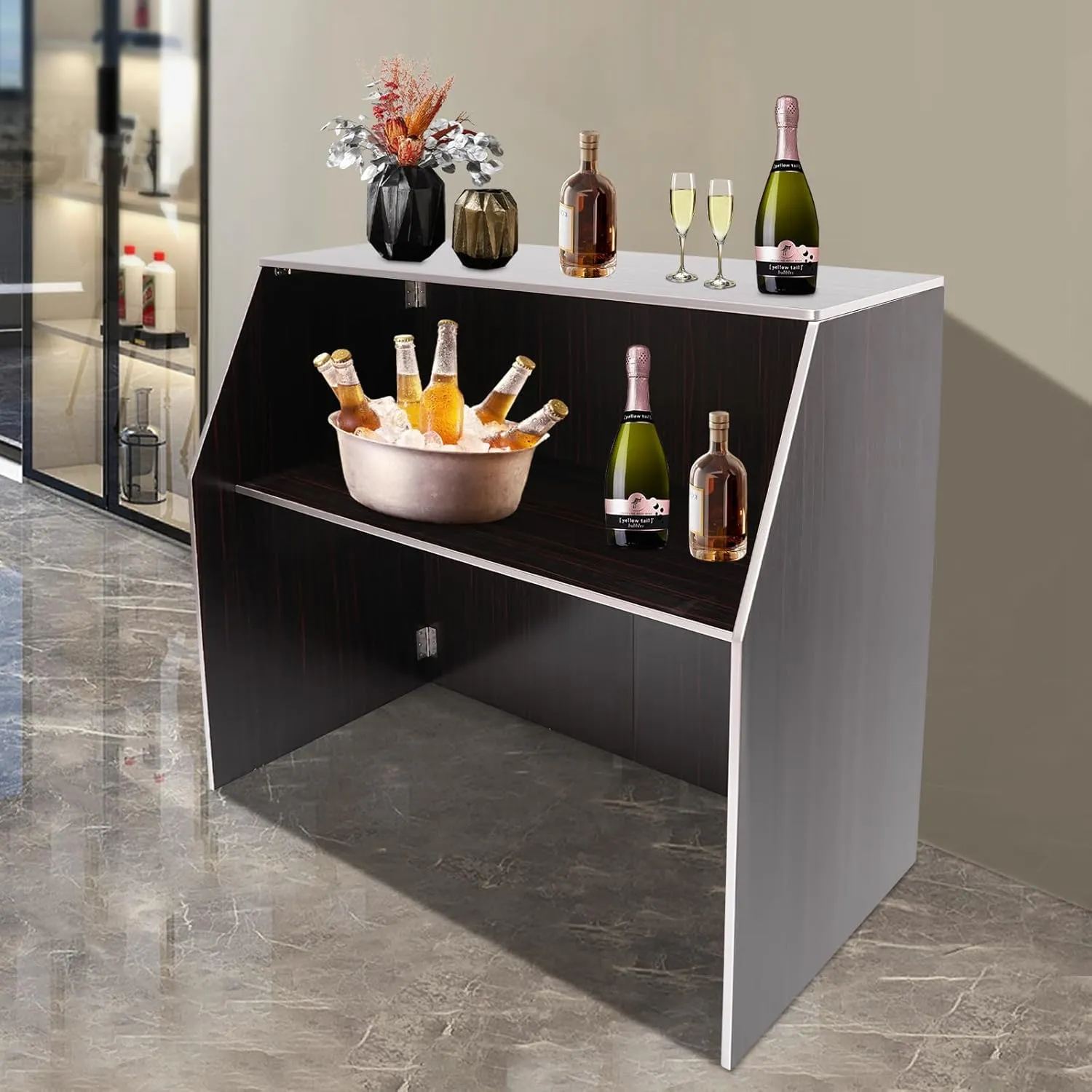 Foldable Event Bar, 42.75" Tall Portable Bar Cabinet Commercial Portable Bar Mobile Bartender Station with Top and Middle Shelves for Events Outdoor Parties Picnics (Black Brown)
