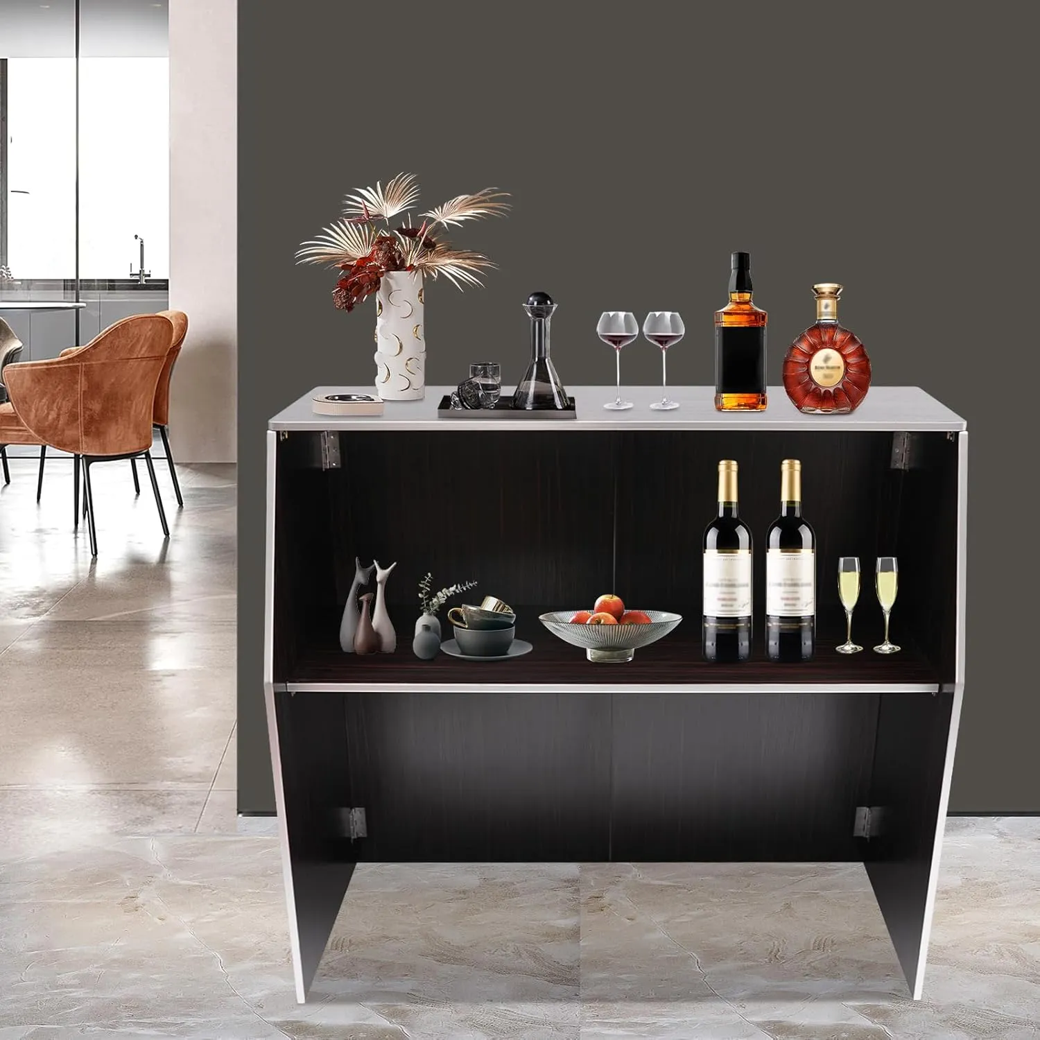 Foldable Event Bar, 42.75" Tall Portable Bar Cabinet Commercial Portable Bar Mobile Bartender Station with Top and Middle Shelves for Events Outdoor Parties Picnics (Black Brown)