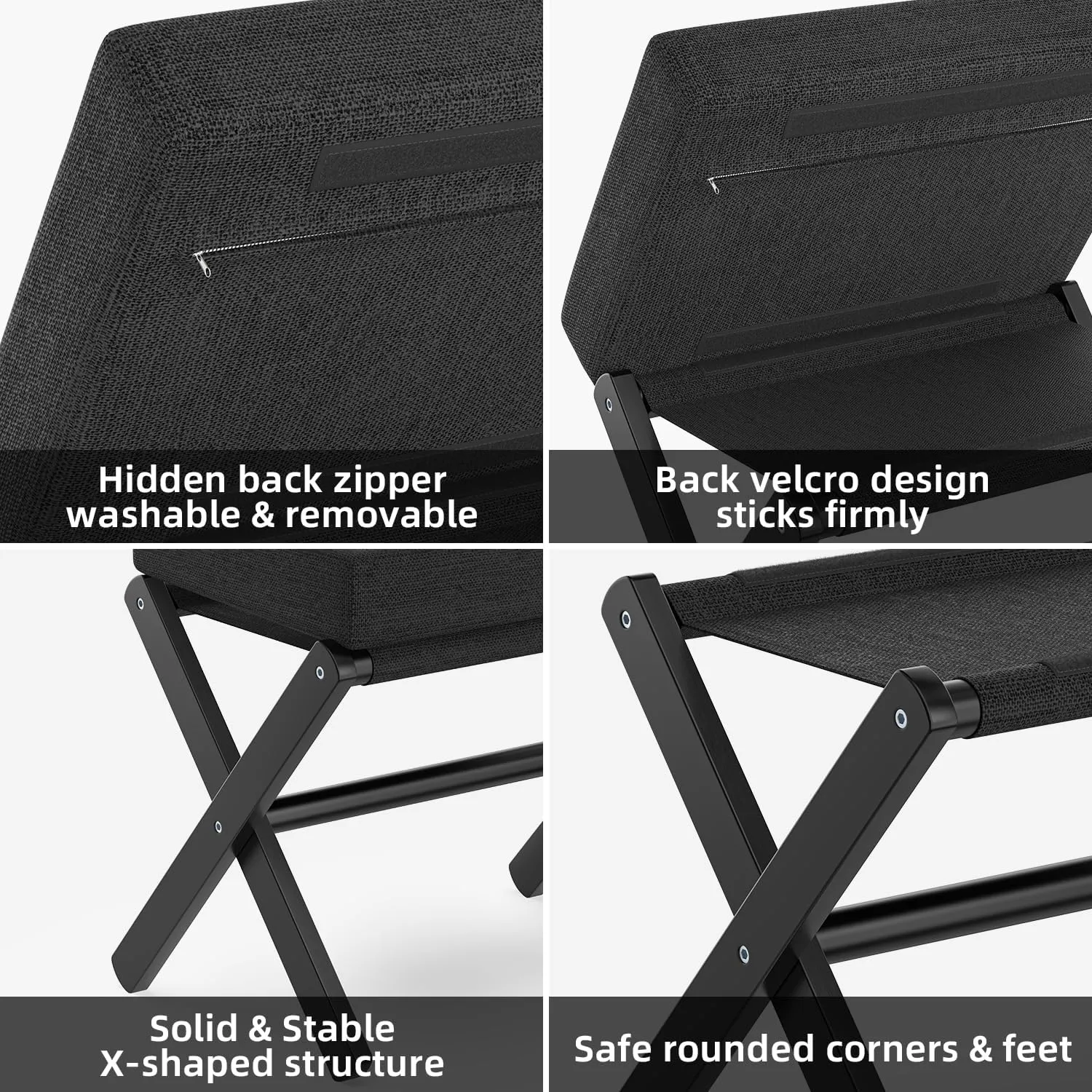 Foldable Foot Stool Ottoman, Modern Foot Rest with Bamboo X Legs & Thick Foam Cushion, Folding Foot Stools Small Padded for Bedroom Living Room, Makeup Vanity Stool Chair (Black - Black)