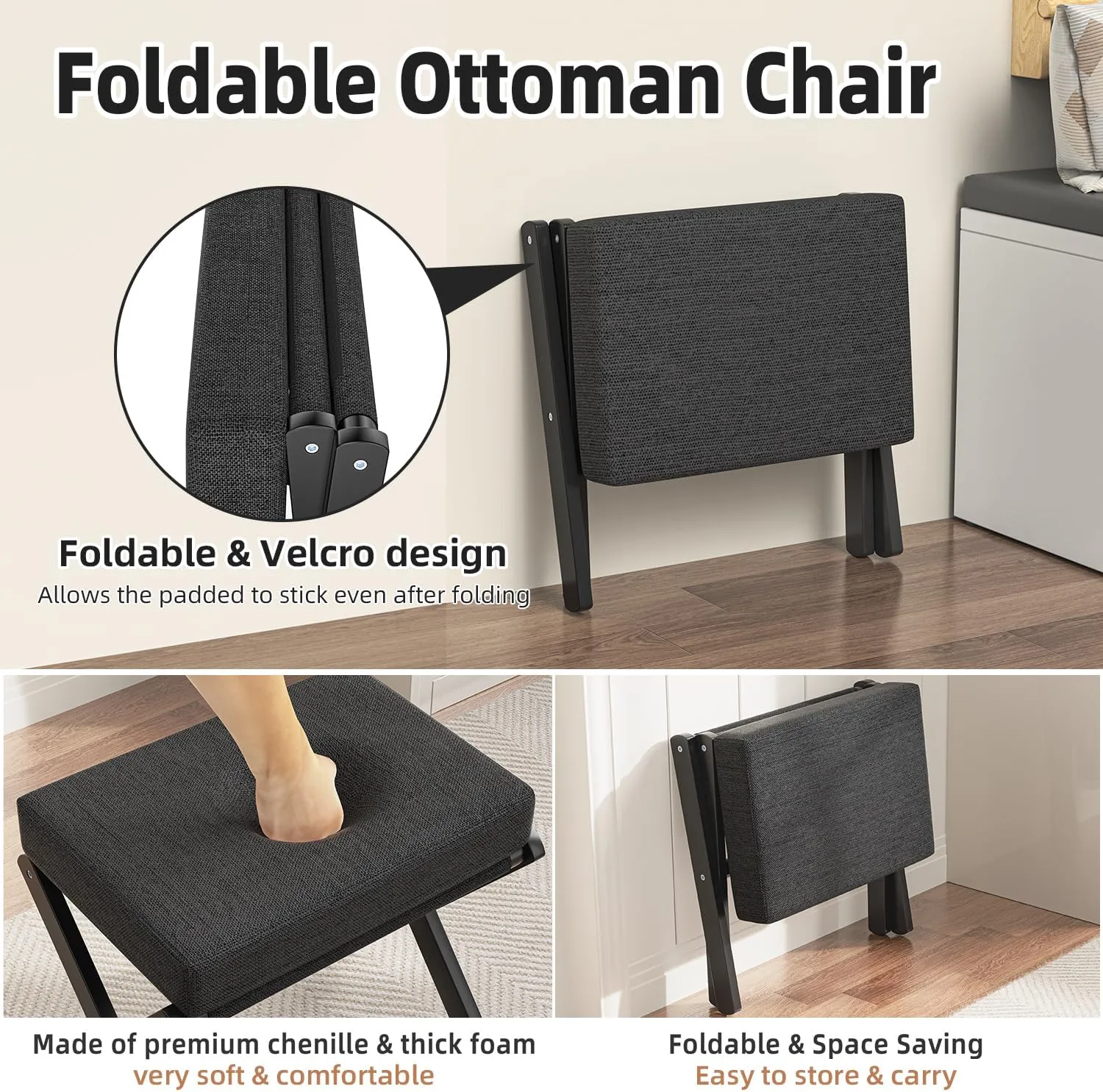 Foldable Foot Stool Ottoman, Modern Foot Rest with Bamboo X Legs & Thick Foam Cushion, Folding Foot Stools Small Padded for Bedroom Living Room, Makeup Vanity Stool Chair (Black - Black)