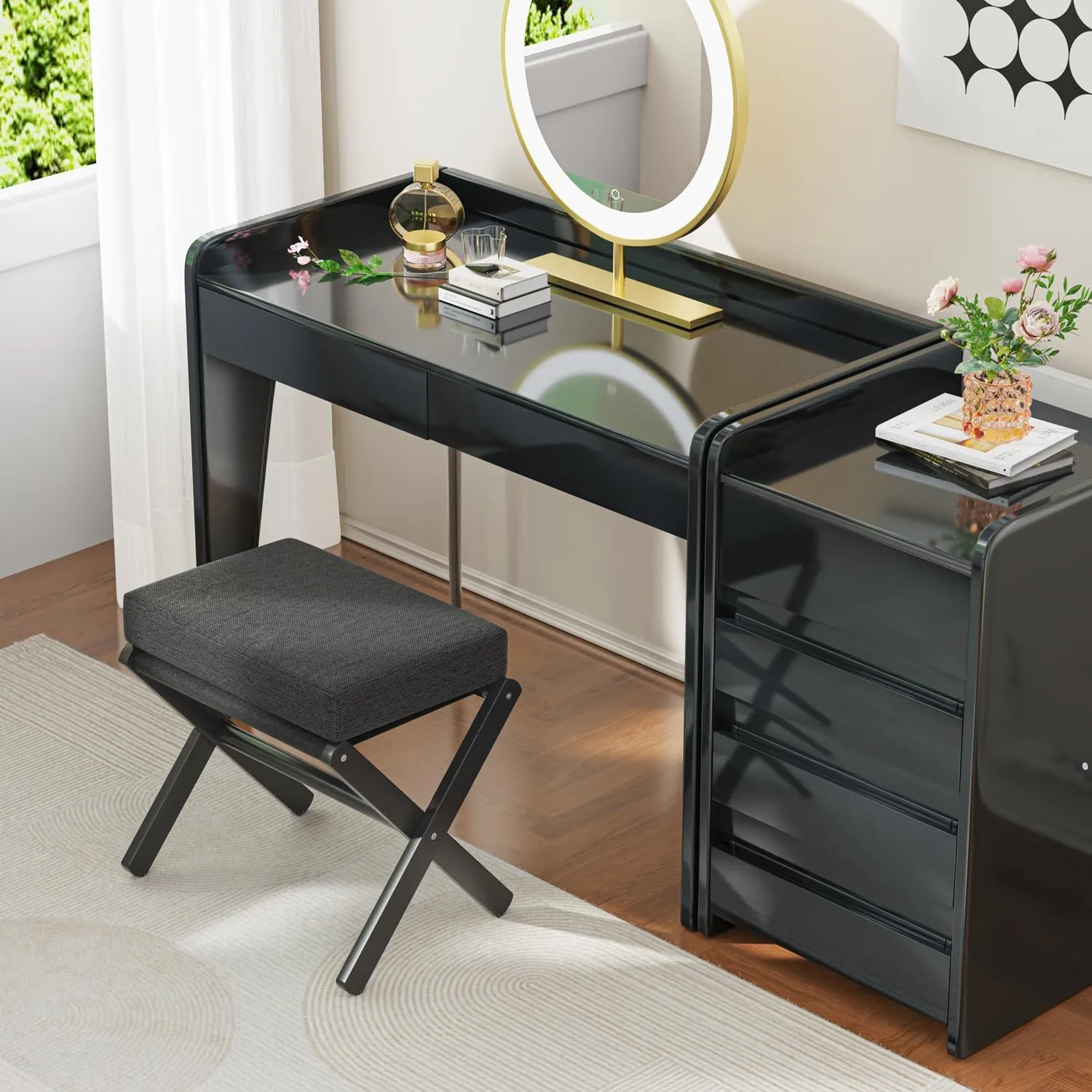 Foldable Foot Stool Ottoman, Modern Foot Rest with Bamboo X Legs & Thick Foam Cushion, Folding Foot Stools Small Padded for Bedroom Living Room, Makeup Vanity Stool Chair (Black - Black)