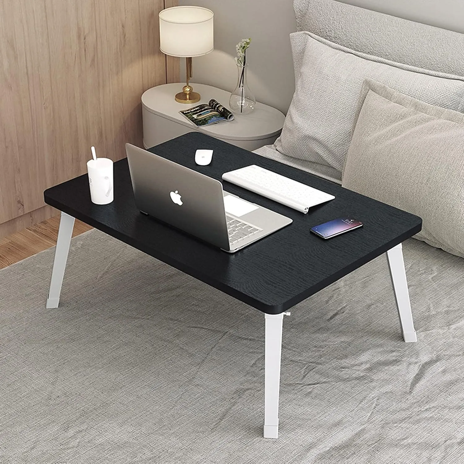Foldable Laptop Desk for Bed, 23.6 Inch Floor Table, Height-Adjustable Legs, Black