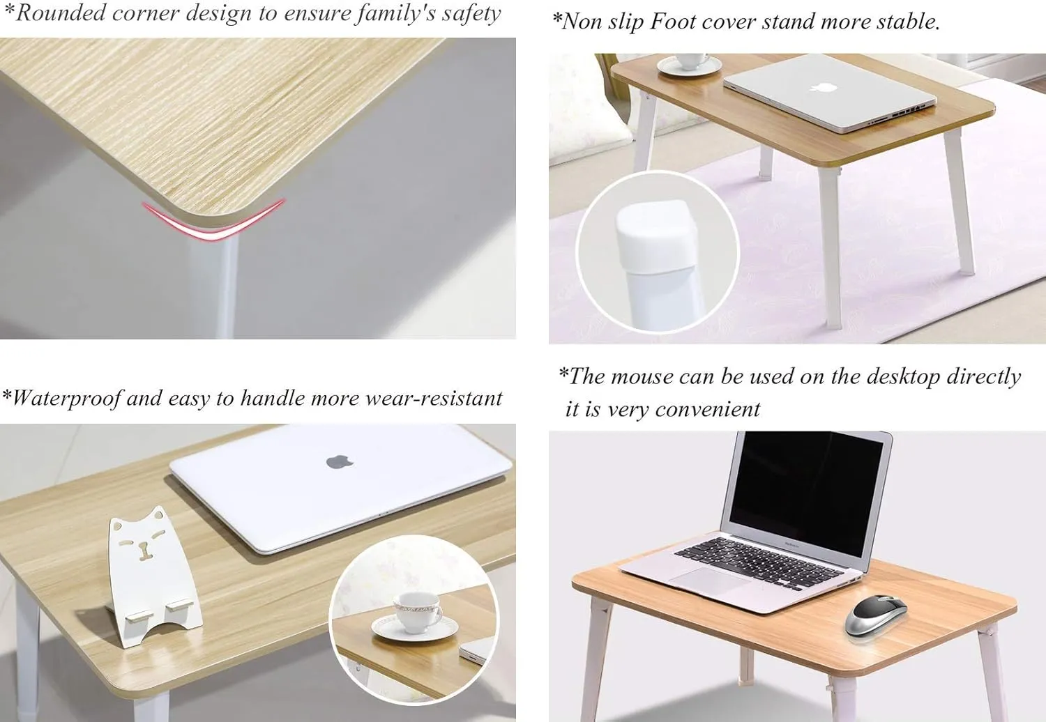 Foldable Laptop Desk for Bed, 23.6 Inch Floor Table, Height-Adjustable Legs, Black