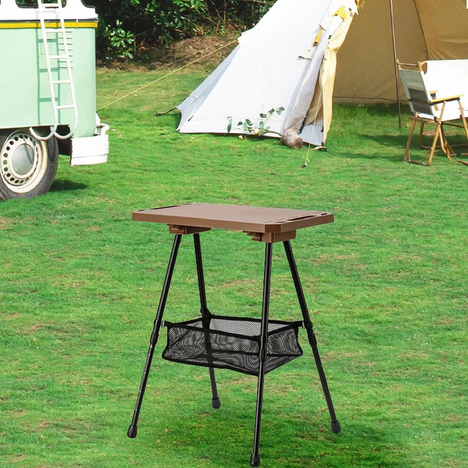 Folding Camp Table Aluminum Alloy Lightweight with Mesh Pocket with Adjustable Legs for Cooking Yard Backpacking Beach Party, Khaki