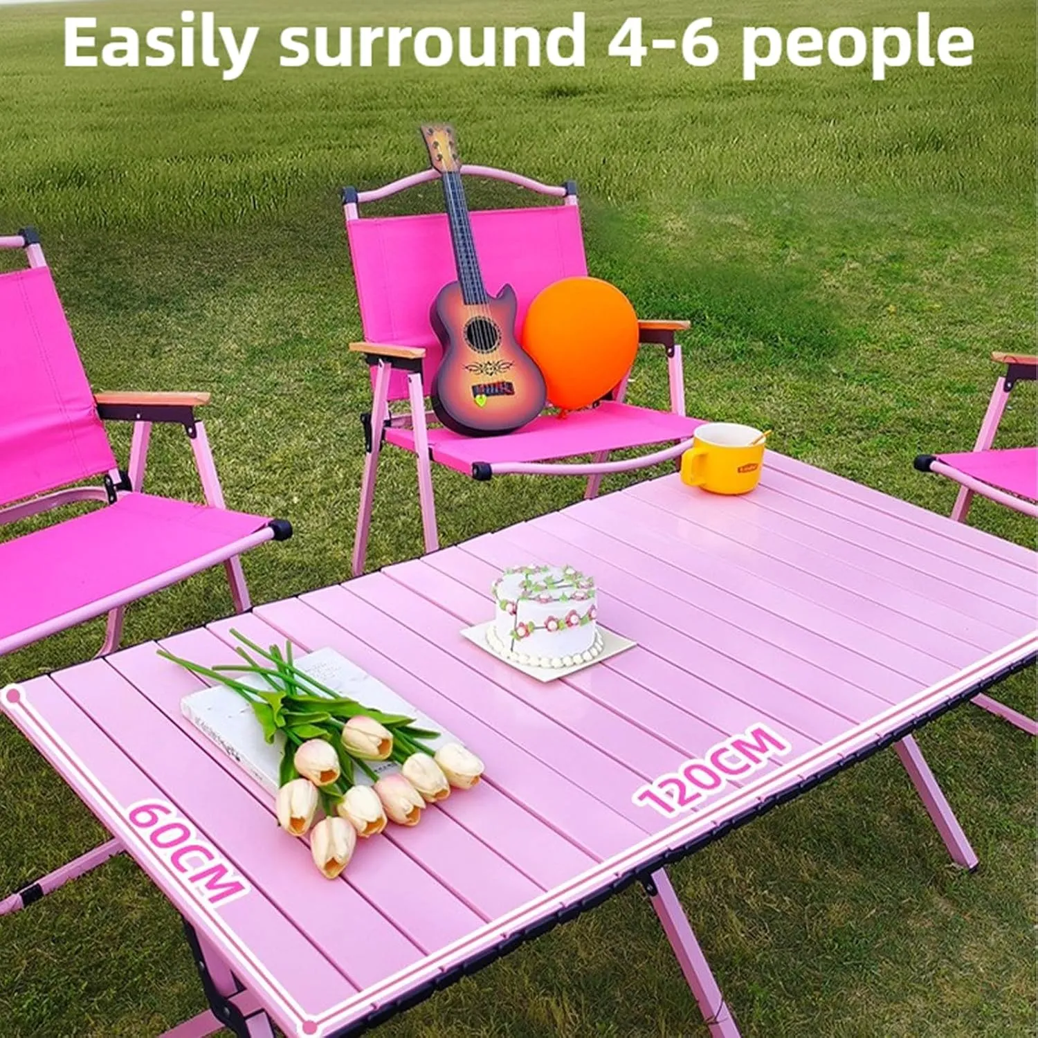 Folding Camping Table and Chairs Portable and Foldable Picnic Bench Set Carbon Steel Roll-Up Bbq Table with Storage Bag (Rose Red Chair)