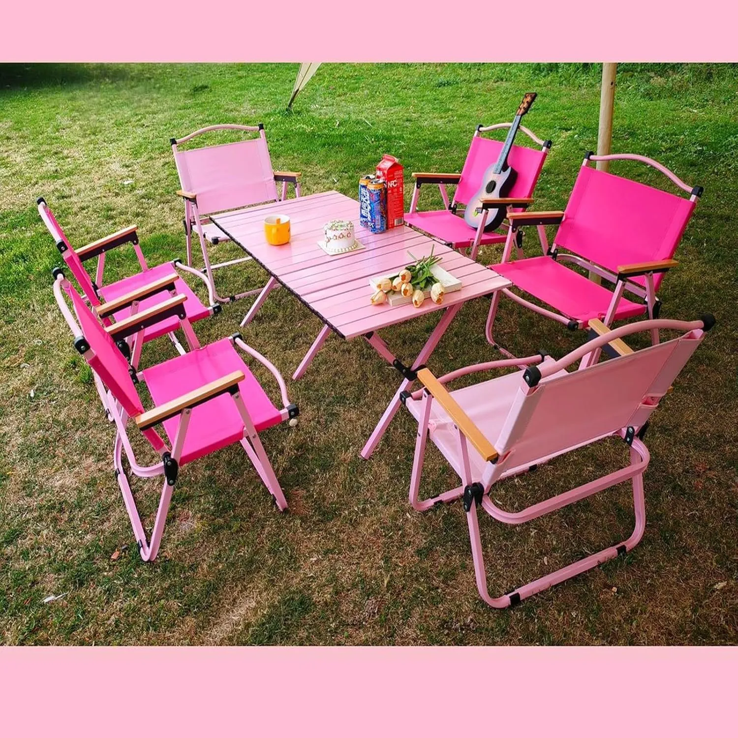 Folding Camping Table and Chairs Portable and Foldable Picnic Bench Set Carbon Steel Roll-Up Bbq Table with Storage Bag (Rose Red Chair)