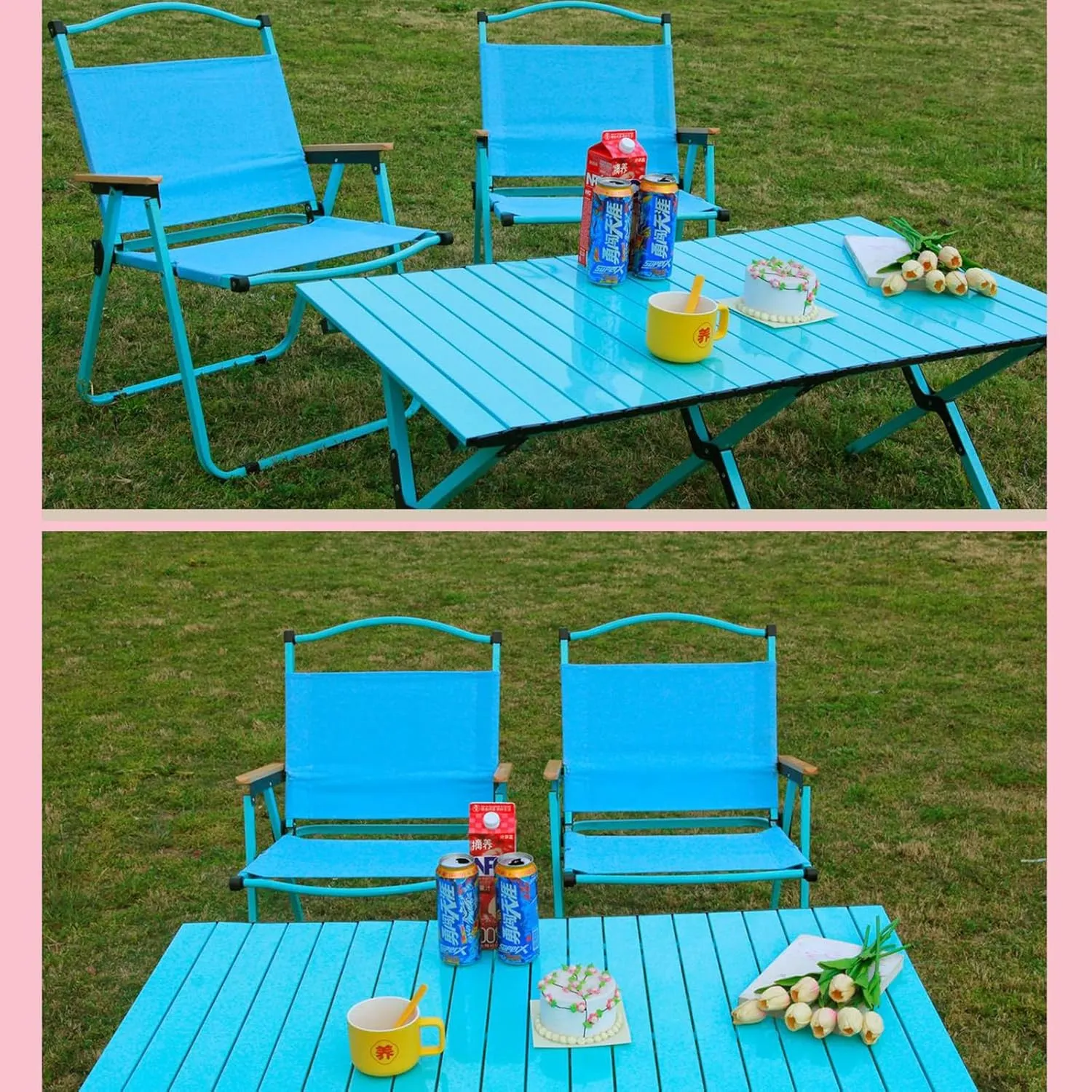 Folding Camping Table and Chairs Portable and Foldable Picnic Bench Set Carbon Steel Roll-Up Bbq Table with Storage Bag (Rose Red Chair)