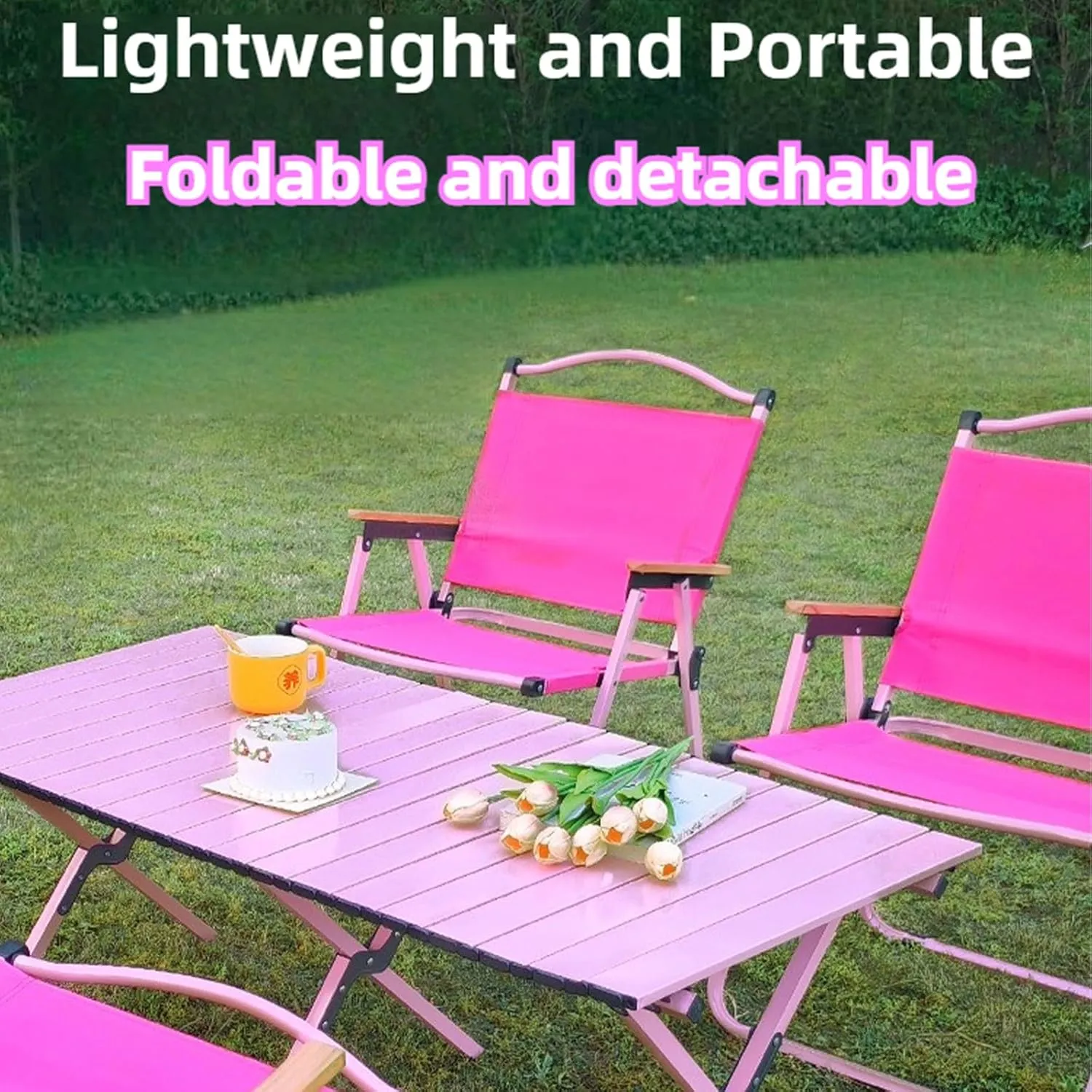 Folding Camping Table and Chairs Portable and Foldable Picnic Bench Set Carbon Steel Roll-Up Bbq Table with Storage Bag (Rose Red Chair)