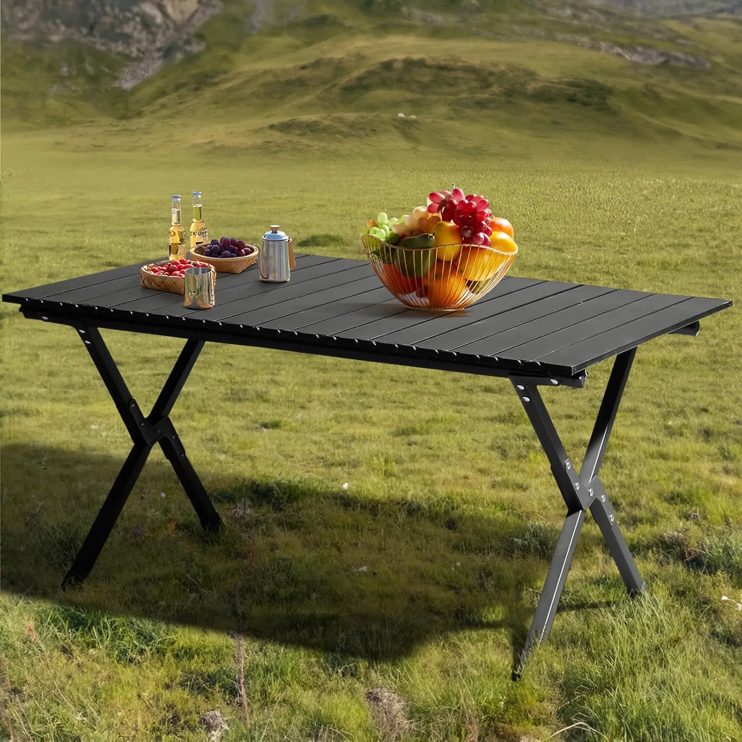Folding Camping Table Portable Picnic Table, Lightweight Roll up Side Table Outdoor Camp Tables with Carry Bag,X-Frame Steel Legs,for Travel Hiking Backyard BBQ Fishing,Loads 220 Lbs,34x24 In, Black