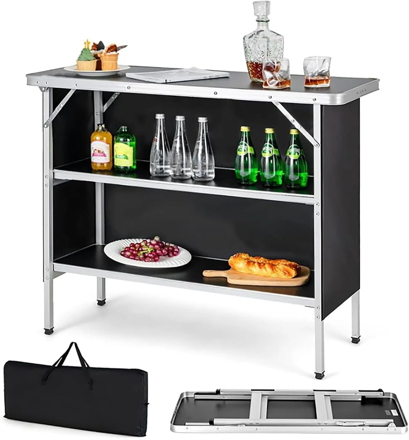 Folding Camping Table with 2-Tier Shelves, Portable Aluminum Outdoor Picnic BBQ Table for Backyard, Beach, Garden, 43.5" Wide Surface, Supports 165 lbs