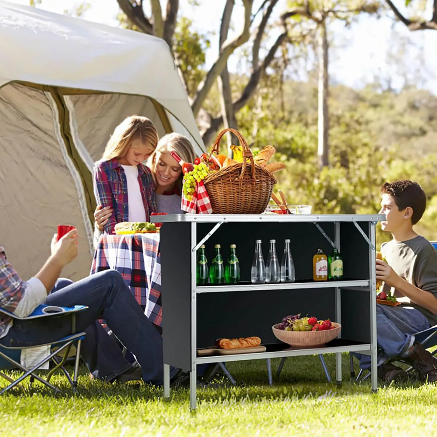 Folding Camping Table with 2-Tier Shelves, Portable Aluminum Outdoor Picnic BBQ Table for Backyard, Beach, Garden, 43.5" Wide Surface, Supports 165 lbs