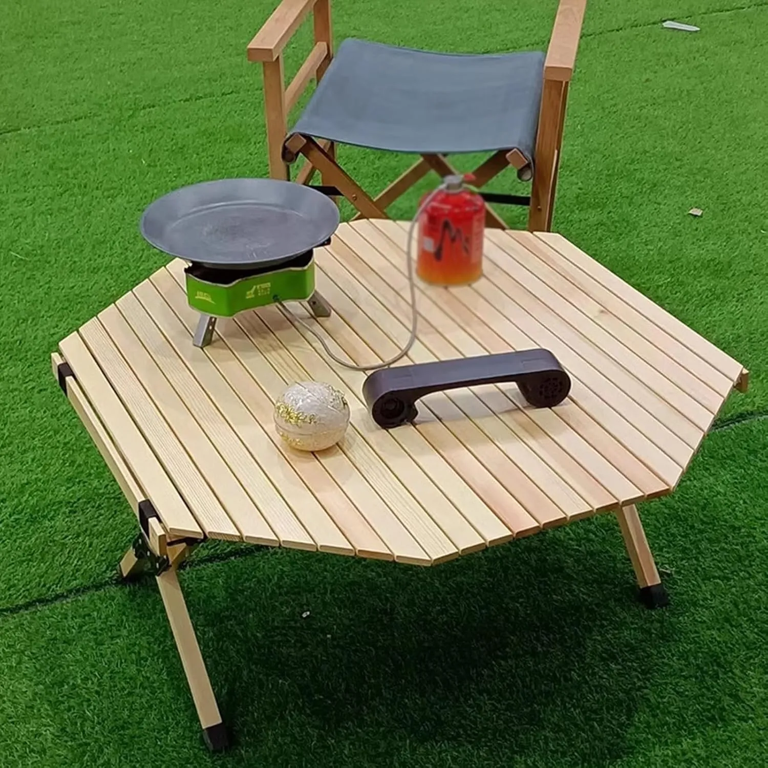 Folding Camping Table with Seats Sturdy and Stable, Portable Camping Table for 4 Made of Wood, Roll Up Tall Outdoor Portable Table for Picnic Backyard Beach(Natural)