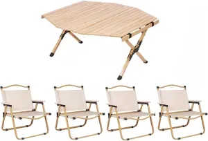 Folding Camping Table with Seats Sturdy and Stable, Portable Camping Table for 4 Made of Wood, Roll Up Tall Outdoor Portable Table for Picnic Backyard Beach(Natural)