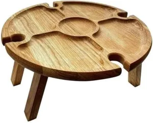 Folding Camping Tables 2 Wooden Outdoor Folding Picnic Table with Glass Holder Round Foldable Desk Wine Glass Rack Collapsible Camping Table for Party