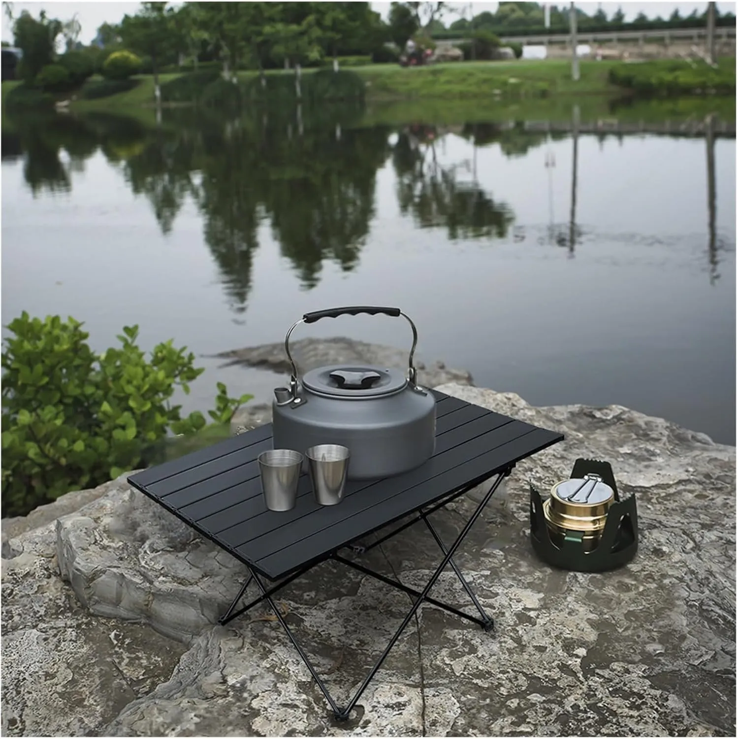Folding Dining Table Outdoor Canopy Cooking Foldable Desk Tourist Picnic Small Lightweight Metal Camping Folding Table Portable Folding Camping Table (Color : Black Blue)