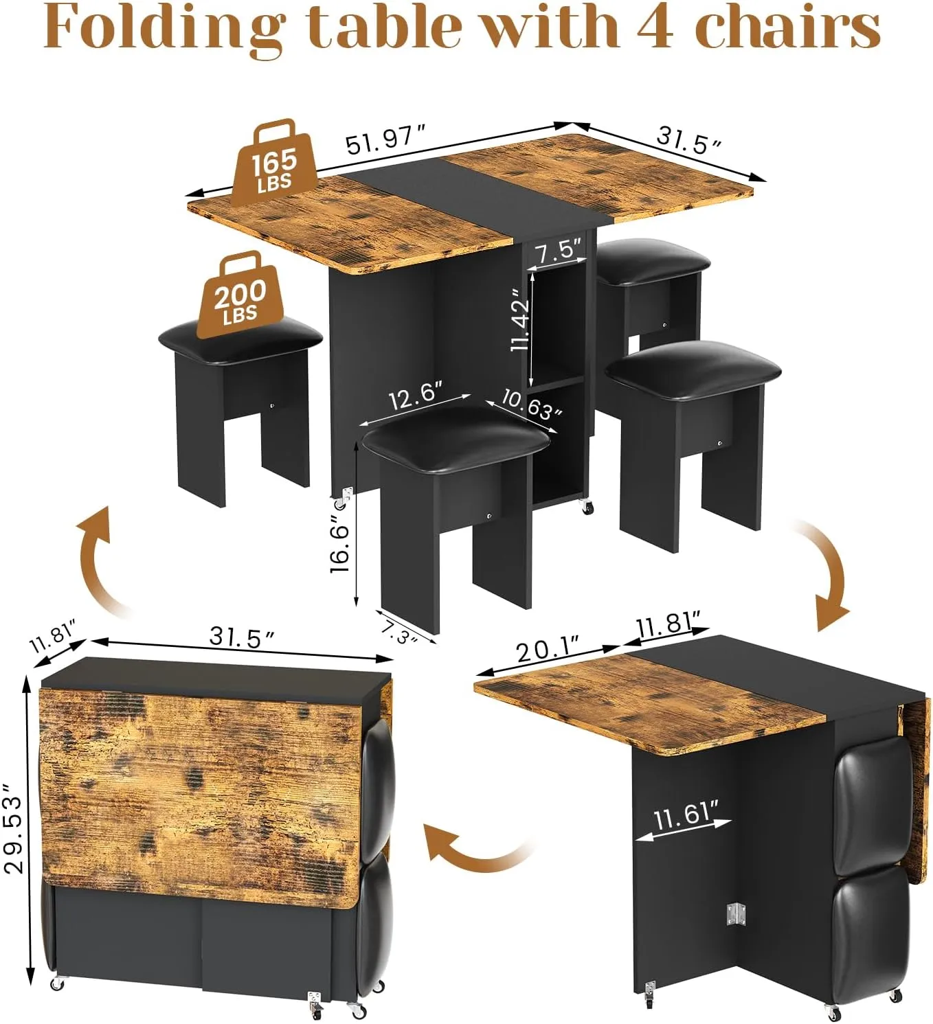 Folding Dining Table Set for 4, Dinner Table with 4 Leather Chairs and Shelves, Space Saving Foldable Dining Table with 6 Wheels, Kitchen Table for Small Spaces (Brown Black)