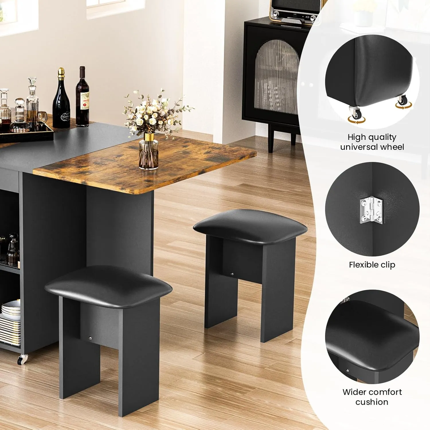 Folding Dining Table Set for 4, Dinner Table with 4 Leather Chairs and Shelves, Space Saving Foldable Dining Table with 6 Wheels, Kitchen Table for Small Spaces (Brown Black)