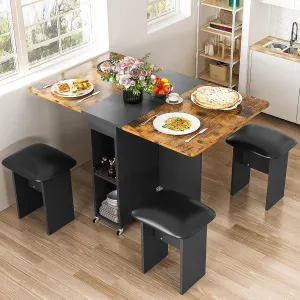 Folding Dining Table Set for 4, Dinner Table with 4 Leather Chairs and Shelves, Space Saving Foldable Dining Table with 6 Wheels, Kitchen Table for Small Spaces (Brown Black)