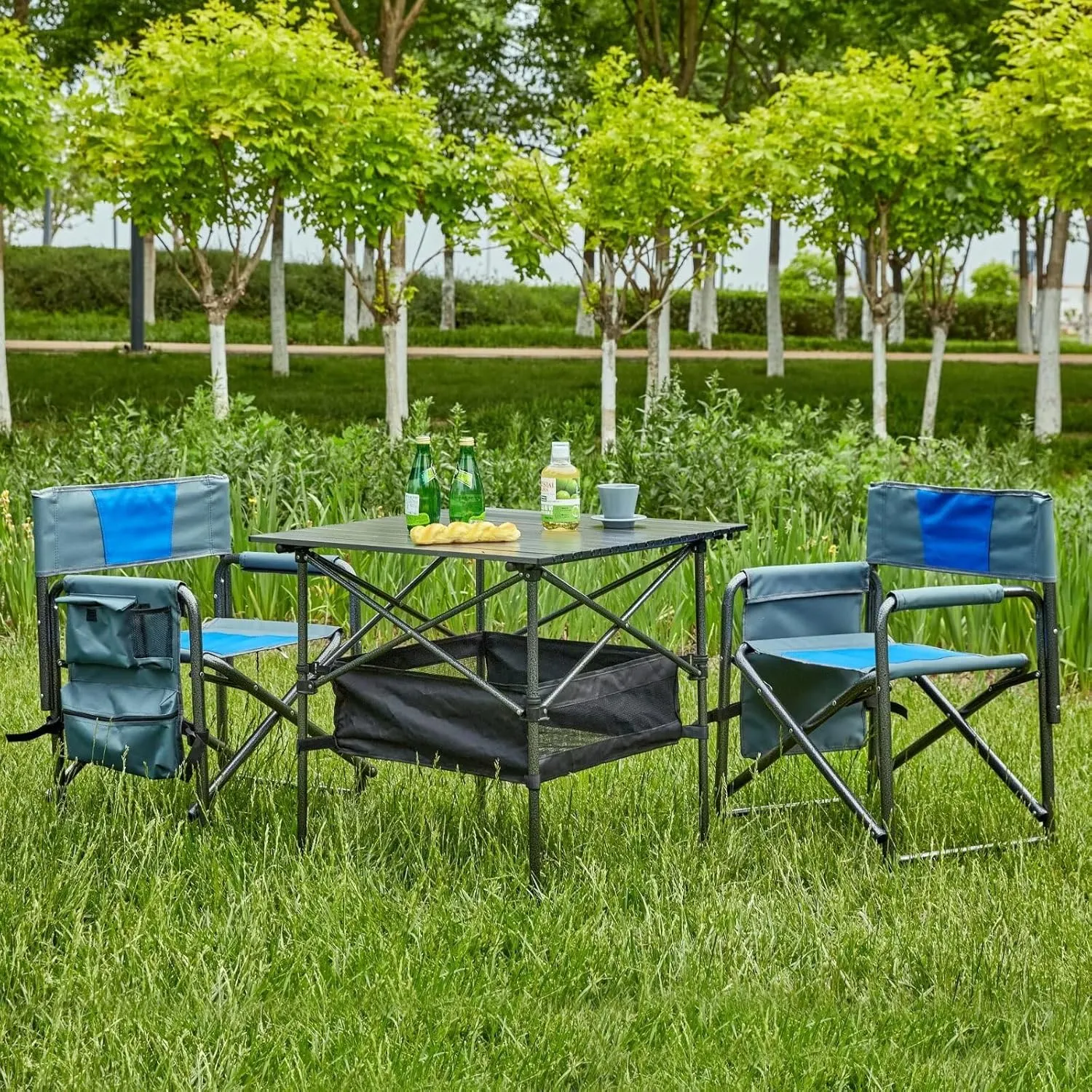 Folding Outdoor Table and Chairs Set of 2 for Camping with Carrying Bag, Lightweight Aluminum Roll-up Square Table for Picnics, Beach,Backyard, BBQ, Party, Patio, Black Blue