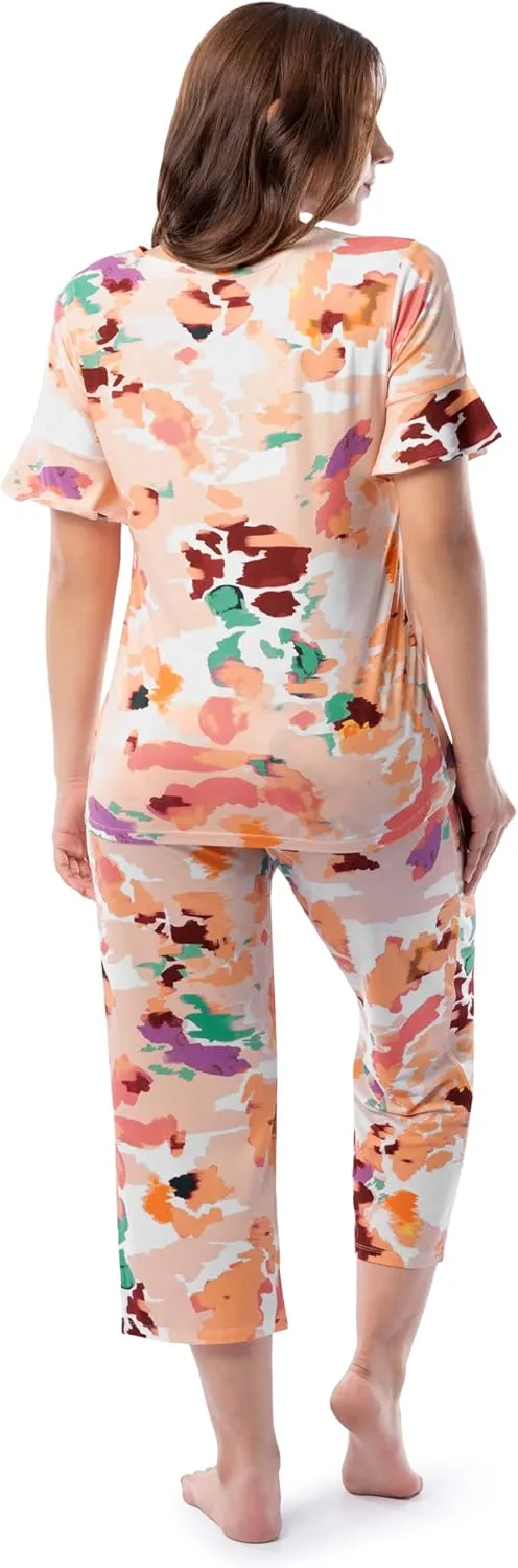 Fruit of the Loom womens 360 Stretch Ruffle Sleeve V-neck Tee and Capri Sleep Pajama Set