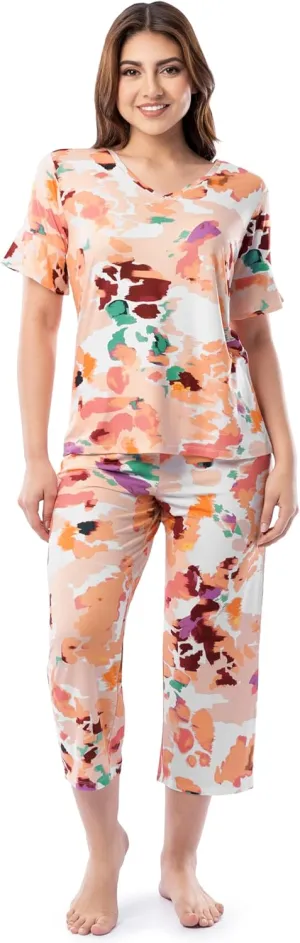 Fruit of the Loom womens 360 Stretch Ruffle Sleeve V-neck Tee and Capri Sleep Pajama Set
