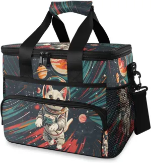 Funny Cat Astronaut Galaxy Black Cooler Bag Insulated Cooler Soft Sided Cooler 24 Can Portable Picnic Bag Large Leakproof Lunch Bag Box for Beach Grocery Camping Travel Car Men Women