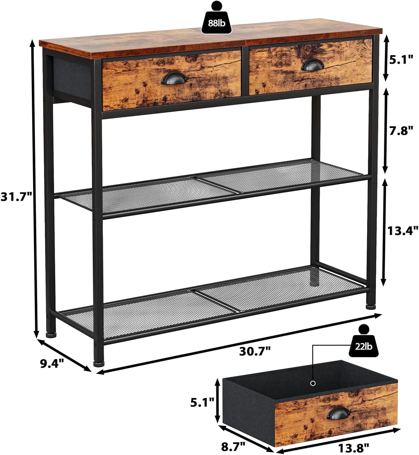 Furologee Console Sofa Table with Storage Shelf for Entry Way, Small 30'' Entryway Table with 2 Fabric Drawers, Industrial Display Shelves for Hallway, Entrance, Foyer, Rustic Brown