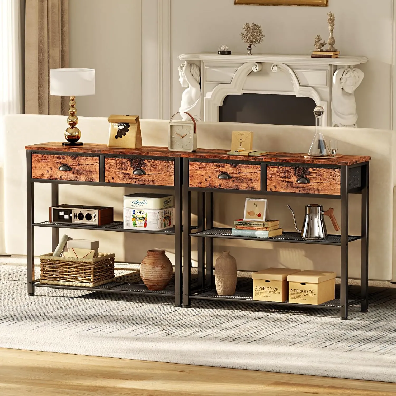 Furologee Console Sofa Table with Storage Shelf for Entry Way, Small 30'' Entryway Table with 2 Fabric Drawers, Industrial Display Shelves for Hallway, Entrance, Foyer, Rustic Brown