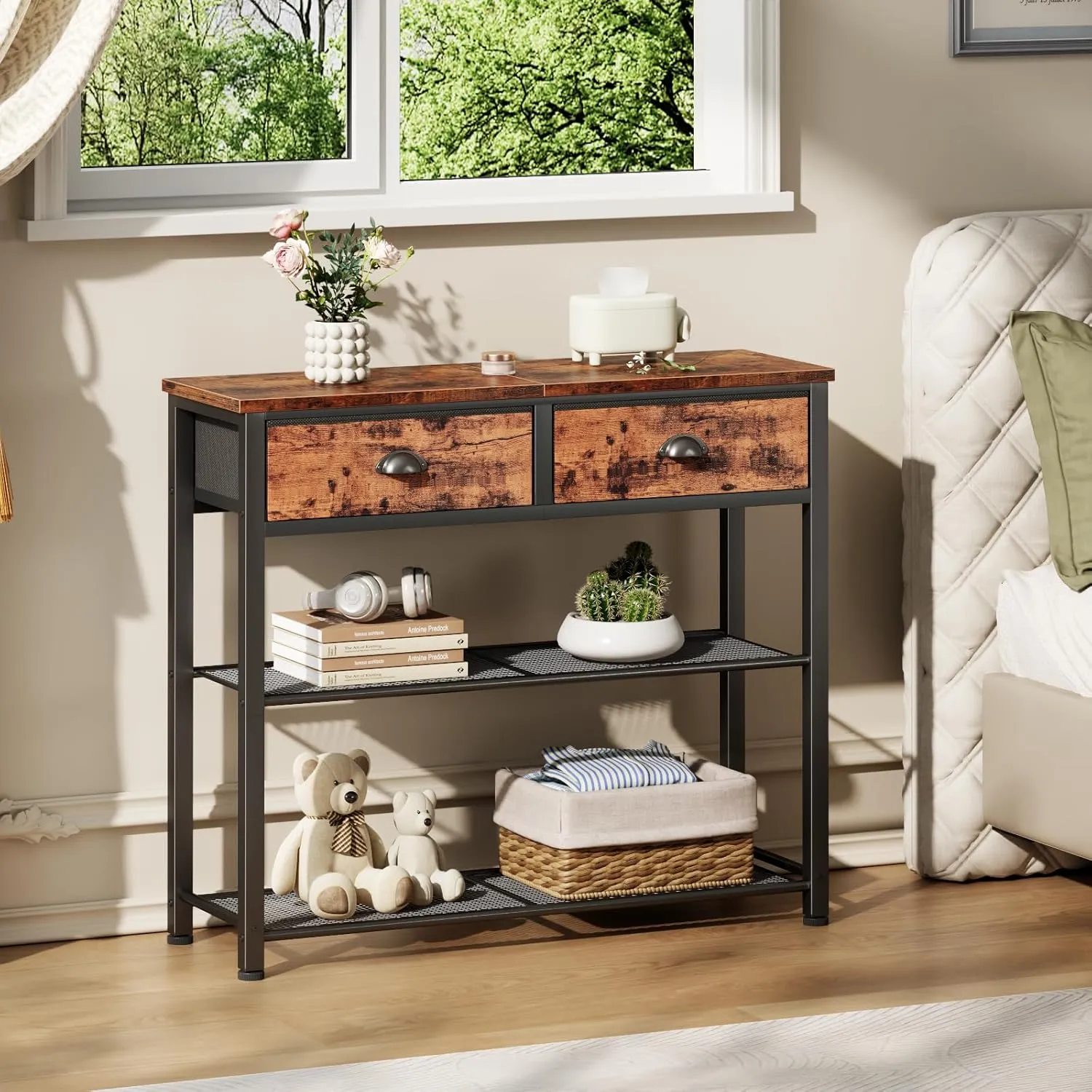Furologee Console Sofa Table with Storage Shelf for Entry Way, Small 30'' Entryway Table with 2 Fabric Drawers, Industrial Display Shelves for Hallway, Entrance, Foyer, Rustic Brown
