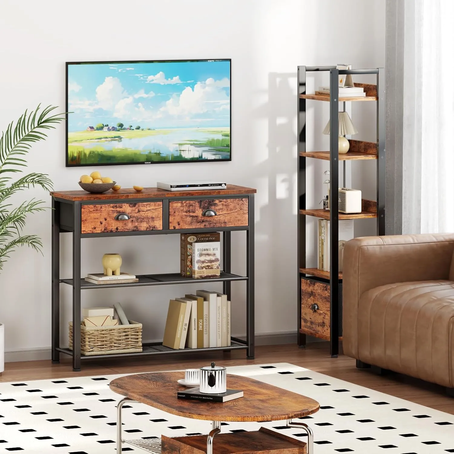 Furologee Console Sofa Table with Storage Shelf for Entry Way, Small 30'' Entryway Table with 2 Fabric Drawers, Industrial Display Shelves for Hallway, Entrance, Foyer, Rustic Brown