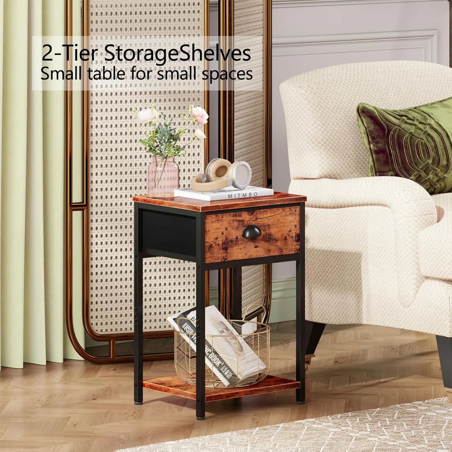 Furologee Nightstands Set of 2, Industrial End Table with Fabric Drawer and Storage Shelf, Retro Bedside Tables Organizer, Side Table for Living Room Bedroom, Rustic Brown