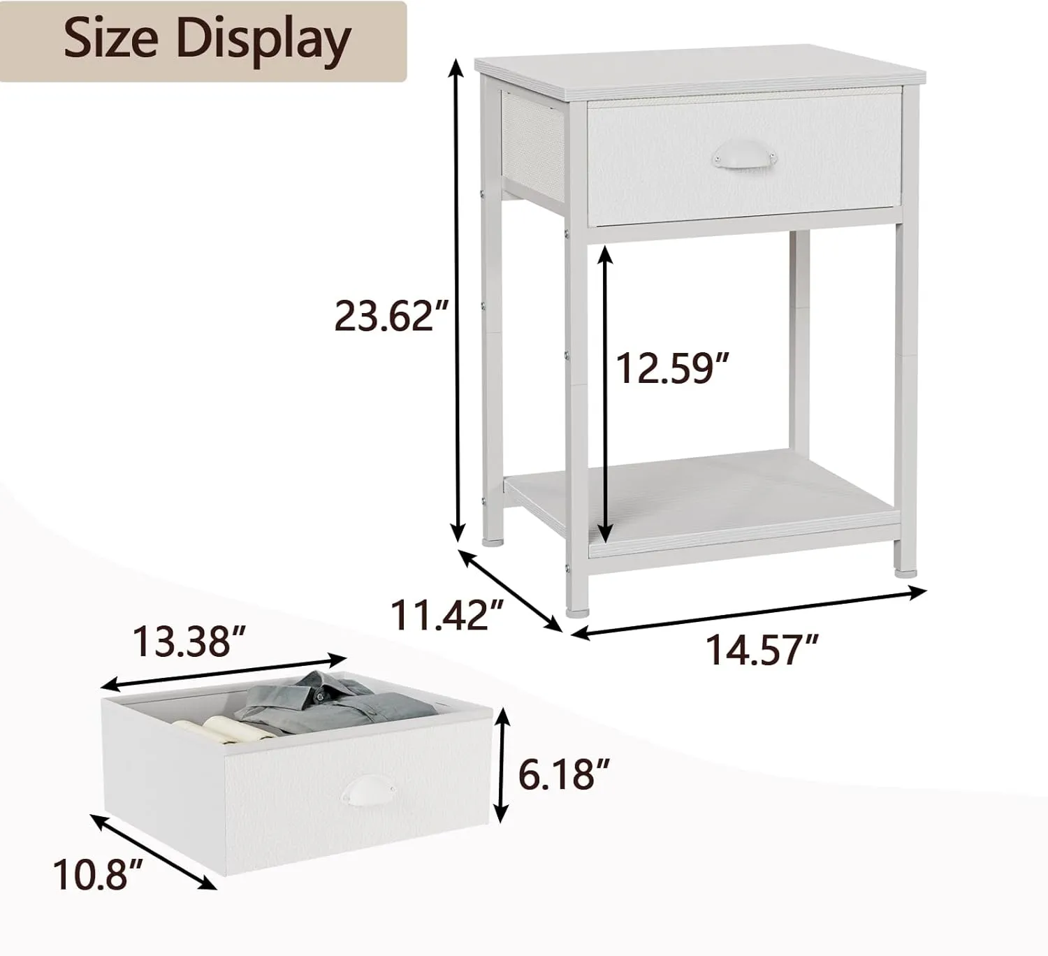 Furologee White Nightstands Set of 2, End Table with Fabric Drawer, Small Side Table for Small Spaces, 2 Tiers Storage Shelves End Table, Bedside Table for Living Room, Bedroom, Dorm